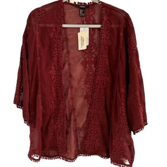 FOREVER 21 BURGUNDY RUST VINTAGE FLORAL WOVEN CARDIGAN SMALL - Picture 1 of 5